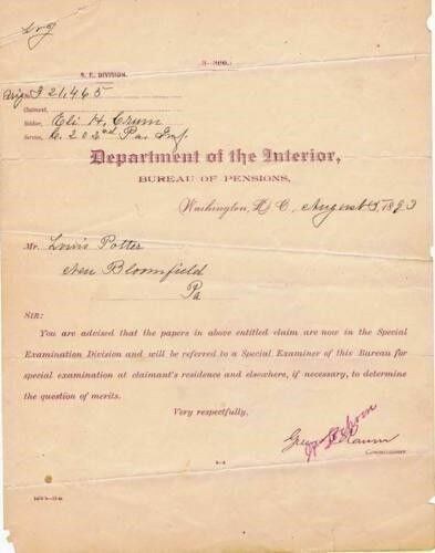 Eli Crum, 2nd Pensylvania Infantry, Pension Documents, Dept Of Interior, 1893