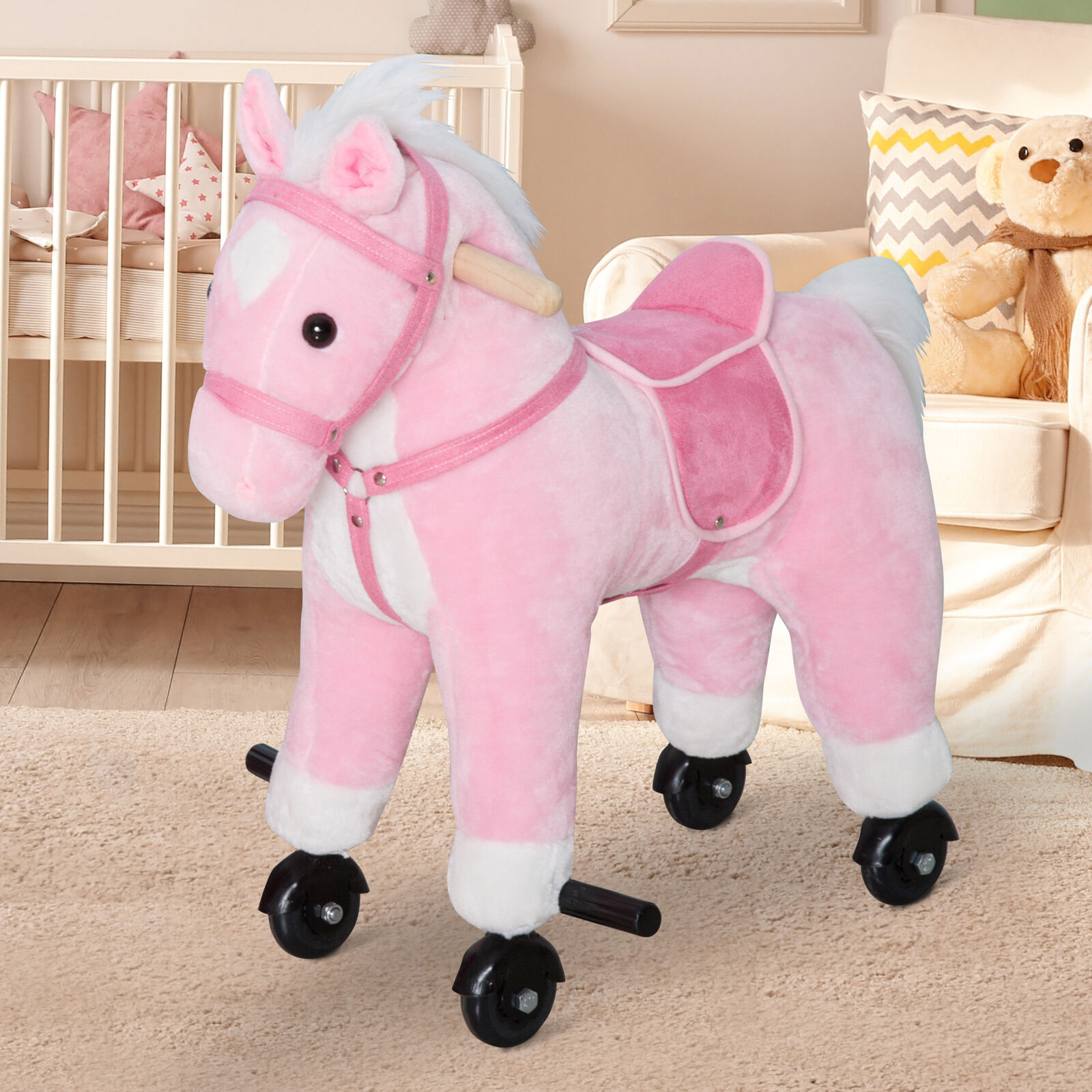 Kids Plush Toy Ride On Walking Horse Rolling Pony With 4 Wheels & Sound Pink